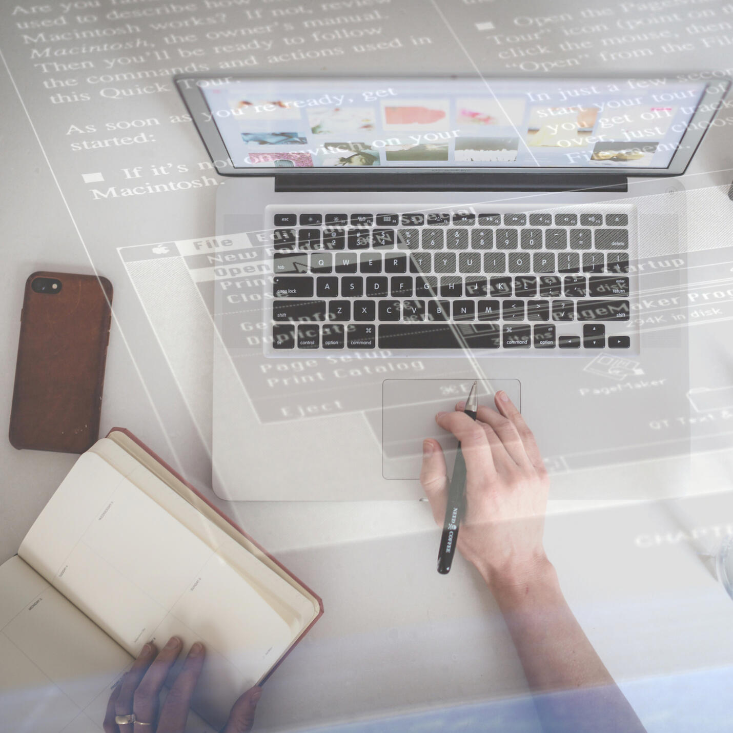 Editing Skills Picture An image of a hand holding a pen touching a MacBook computer trackpad, a notebook, and a phone is nearby, with a superimposed image of a documented screenshot.